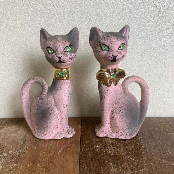 Pair (2) MCM Bisque Porcelain Pink‎ Siamese Cat Figurines Gold Rhinestones eyes - Picture 1 of 8